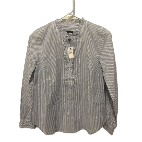 NWT PP Talbots Blue Striped Ruffle-Trim Cotton Metallic Blend Blouse Petite - Picture 1 of 4